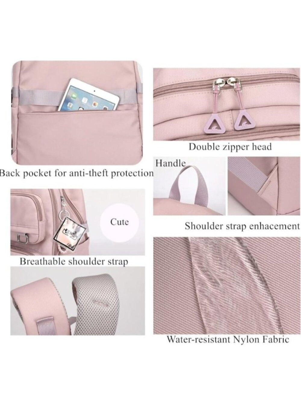 Pink Backpack Water Resistant Travel School Laptop Bookbag 18" Anti Theft - Picture 5 of 8